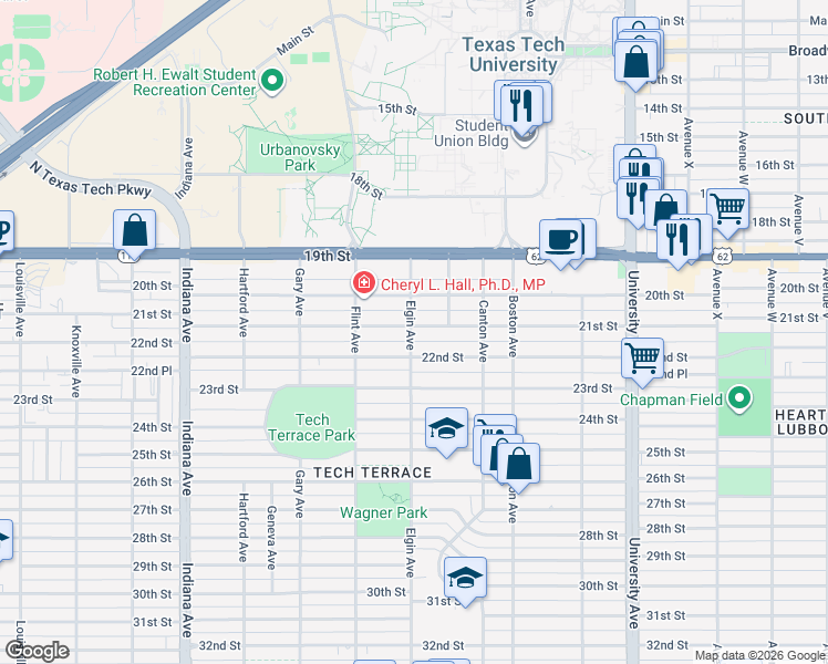 map of restaurants, bars, coffee shops, grocery stores, and more near 2912 21st Street in Lubbock