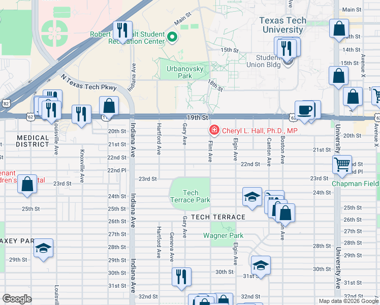 map of restaurants, bars, coffee shops, grocery stores, and more near 3122 21st Street in Lubbock