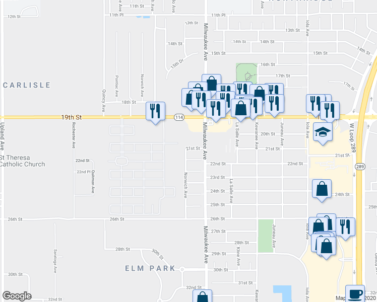 map of restaurants, bars, coffee shops, grocery stores, and more near 6508 21st Street in Lubbock
