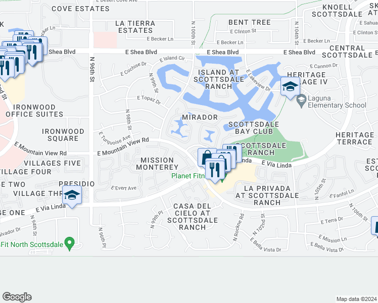 map of restaurants, bars, coffee shops, grocery stores, and more near 9865 North 101st Street in Scottsdale