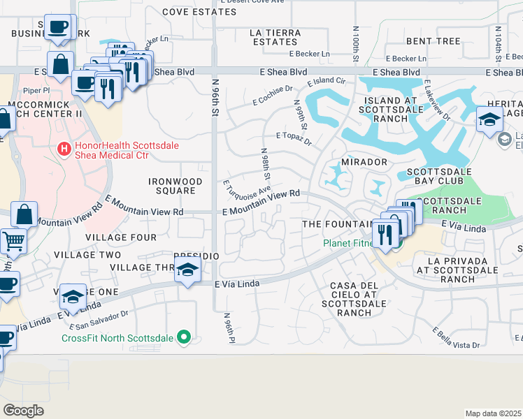 map of restaurants, bars, coffee shops, grocery stores, and more near 9755 East Turquoise Avenue in Scottsdale