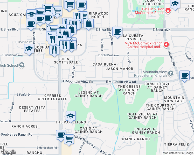 map of restaurants, bars, coffee shops, grocery stores, and more near 9830 North 75th Street in Scottsdale