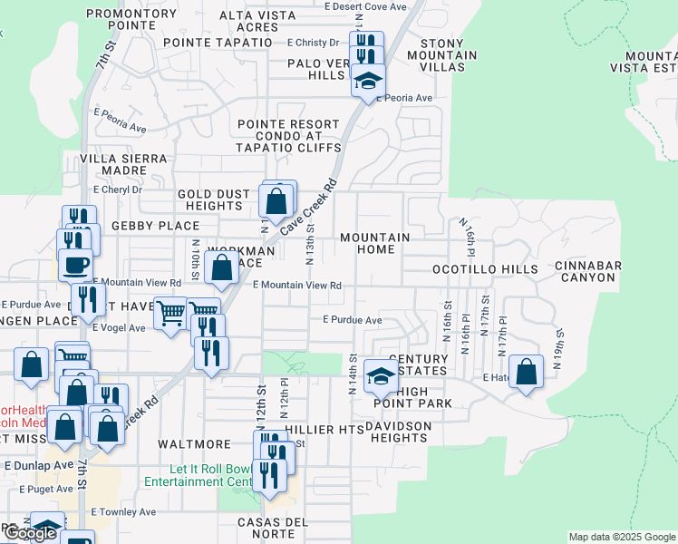 map of restaurants, bars, coffee shops, grocery stores, and more near 1329 East Cinnabar Avenue in Phoenix