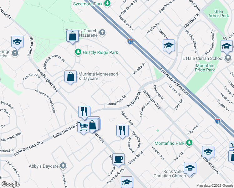 map of restaurants, bars, coffee shops, grocery stores, and more near 24307 Lenox Lane in Murrieta