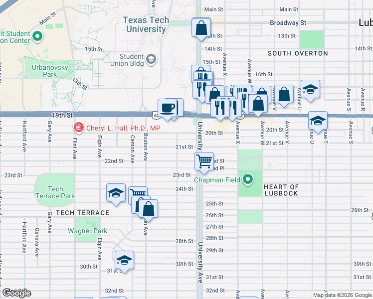 map of restaurants, bars, coffee shops, grocery stores, and more near 2513 21st Street in Lubbock