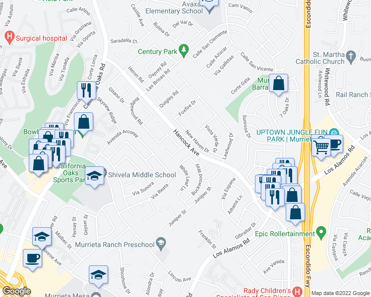 map of restaurants, bars, coffee shops, grocery stores, and more near 40012 Oak Grove Avenue in Murrieta