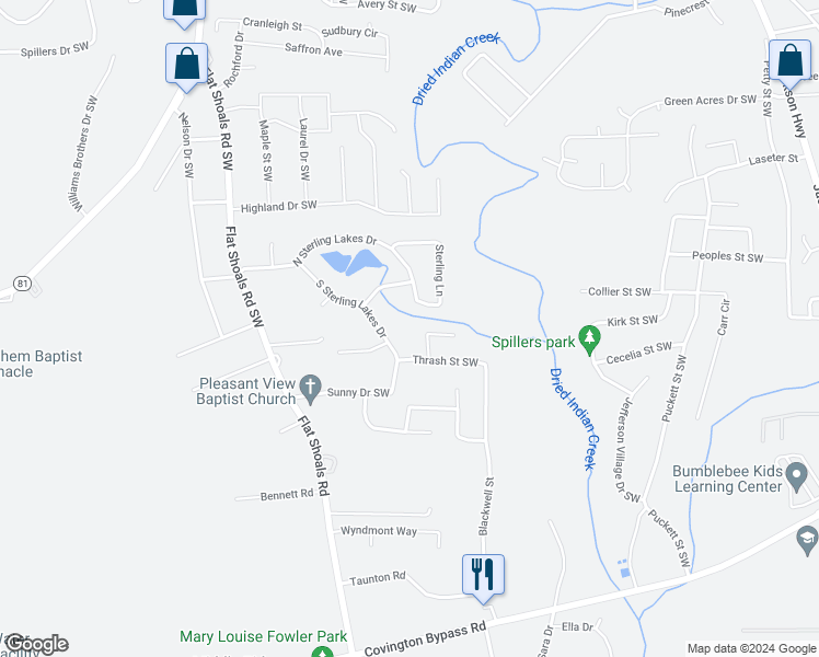 map of restaurants, bars, coffee shops, grocery stores, and more near 9176 Thrash Street Southwest in Covington