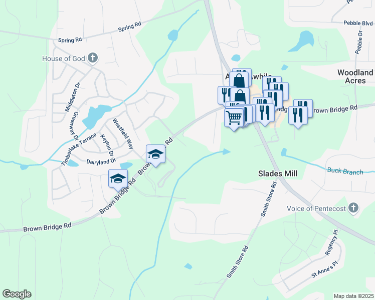 map of restaurants, bars, coffee shops, grocery stores, and more near 13191 Brown Bridge Road in Covington
