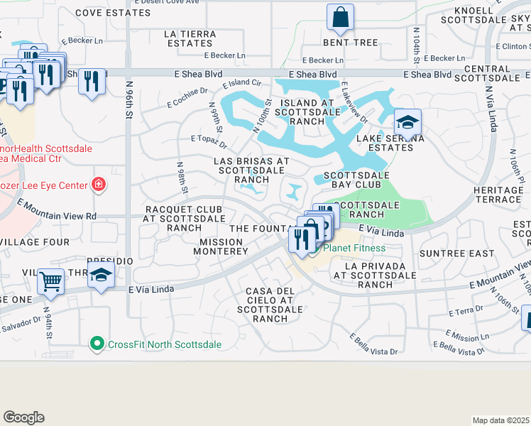 map of restaurants, bars, coffee shops, grocery stores, and more near 9865 North 101st Street in Scottsdale