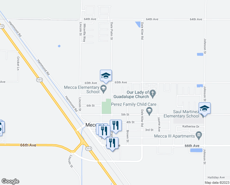 map of restaurants, bars, coffee shops, grocery stores, and more near 65100 Date Palm Street in Mecca