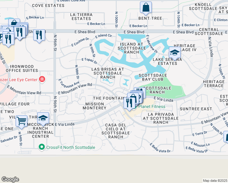 map of restaurants, bars, coffee shops, grocery stores, and more near 9865 North 101st Street in Scottsdale