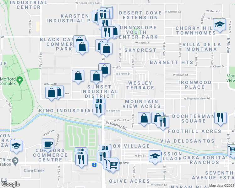 map of restaurants, bars, coffee shops, grocery stores, and more near 9813 North 18th Avenue in Phoenix