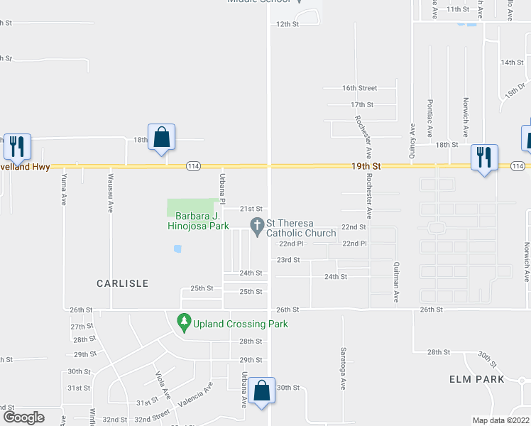 map of restaurants, bars, coffee shops, grocery stores, and more near 2104 Upland Avenue in Lubbock