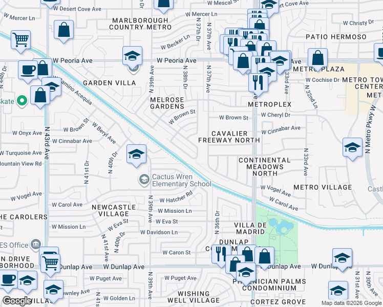 map of restaurants, bars, coffee shops, grocery stores, and more near 3750 West Malapai Drive in Phoenix