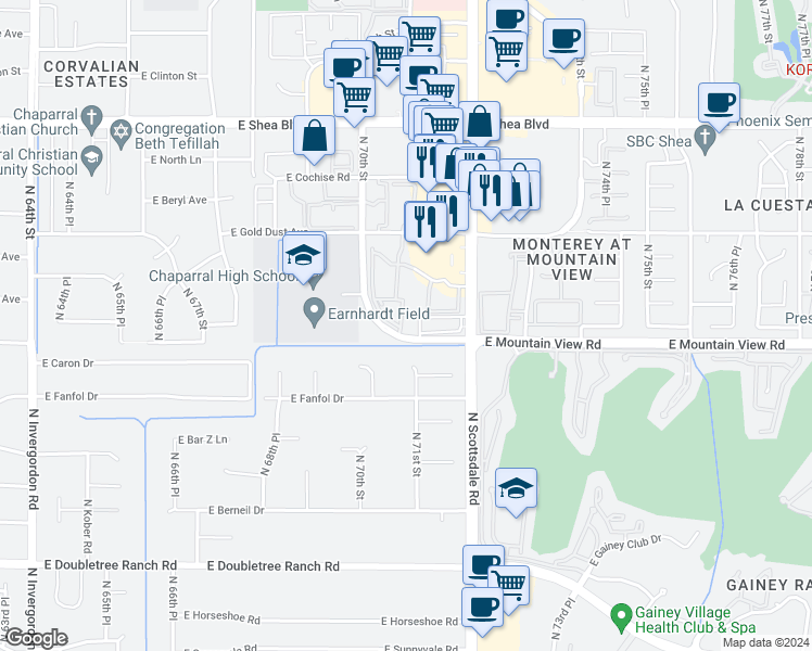 map of restaurants, bars, coffee shops, grocery stores, and more near 9825 North 70th Street in Scottsdale