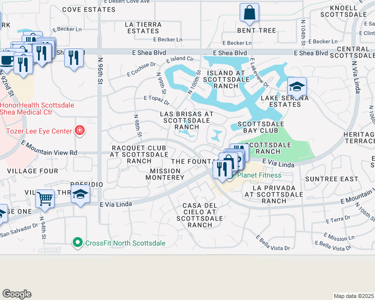 map of restaurants, bars, coffee shops, grocery stores, and more near 10015 East Mountain View Road in Scottsdale