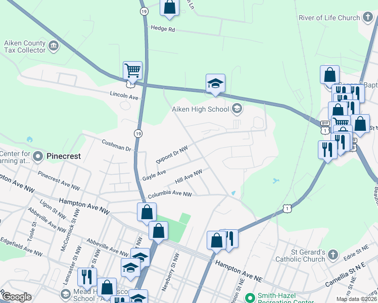 map of restaurants, bars, coffee shops, grocery stores, and more near 179 Dupont Drive Northwest in Aiken