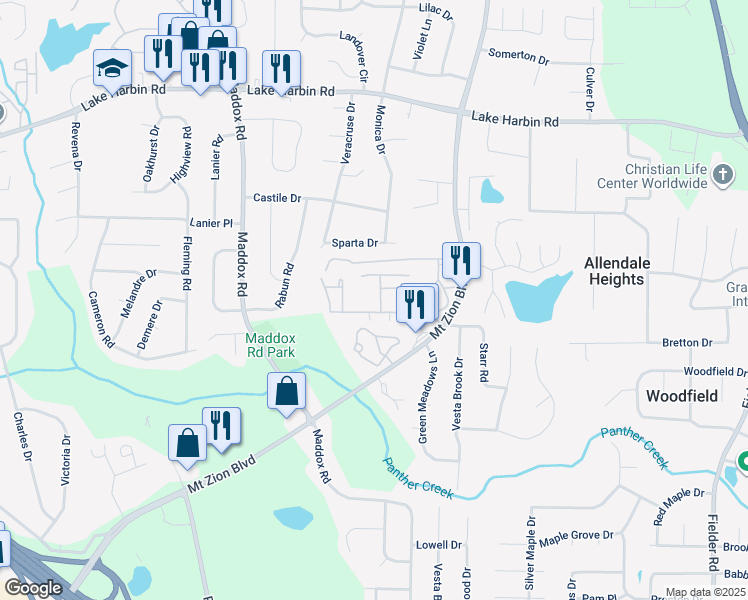 map of restaurants, bars, coffee shops, grocery stores, and more near 6595 Mount Zion Boulevard in Morrow