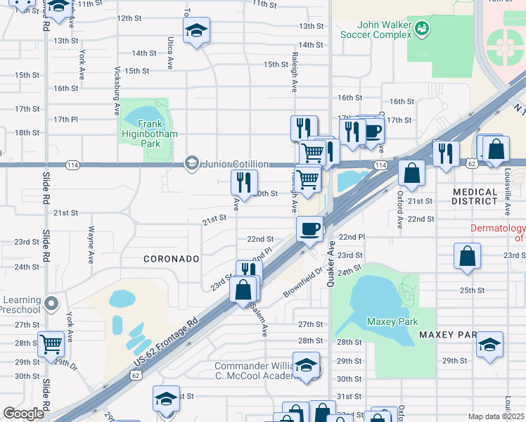 map of restaurants, bars, coffee shops, grocery stores, and more near 4507 20th Street in Lubbock