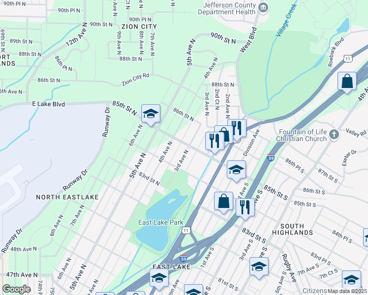 map of restaurants, bars, coffee shops, grocery stores, and more near 304 85th Street North in Birmingham
