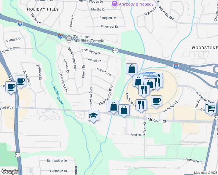 map of restaurants, bars, coffee shops, grocery stores, and more near 985 King James Drive in Morrow