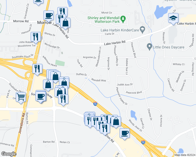 map of restaurants, bars, coffee shops, grocery stores, and more near 6575 Wendell Circle in Morrow