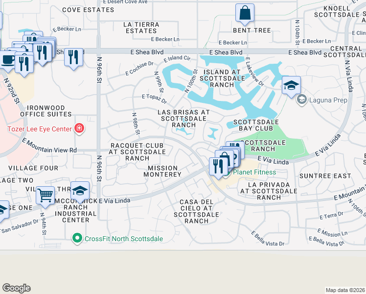 map of restaurants, bars, coffee shops, grocery stores, and more near 9813 North 100th Place in Scottsdale