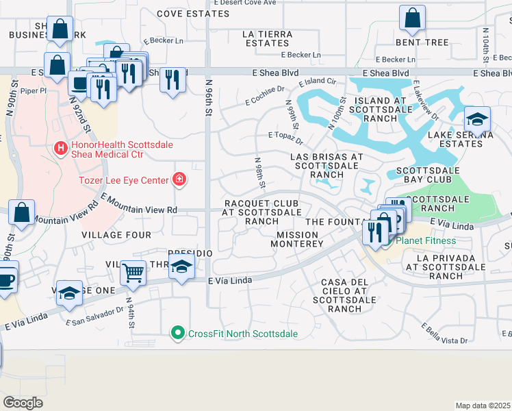 map of restaurants, bars, coffee shops, grocery stores, and more near 9755 East Turquoise Avenue in Scottsdale