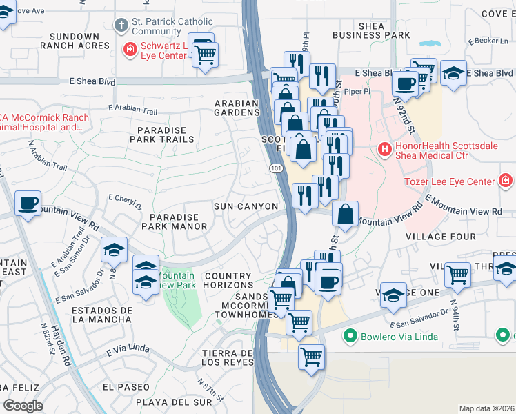 map of restaurants, bars, coffee shops, grocery stores, and more near 8700 East Mountain View Road in Scottsdale