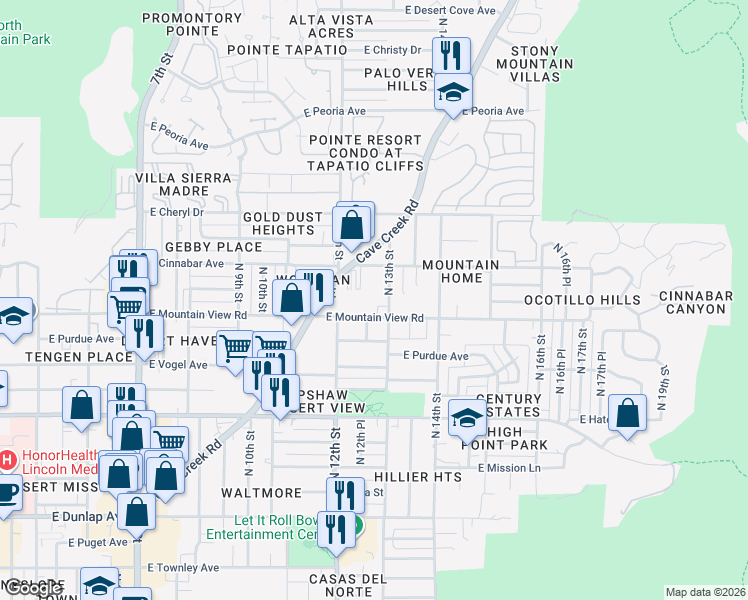 map of restaurants, bars, coffee shops, grocery stores, and more near 9824 North 13th Street in Phoenix