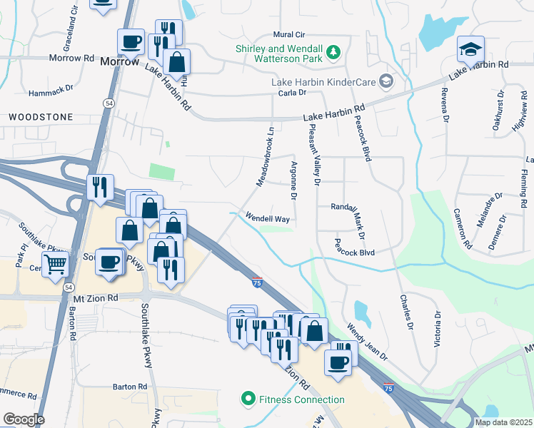 map of restaurants, bars, coffee shops, grocery stores, and more near 6575 Wendell Circle in Morrow