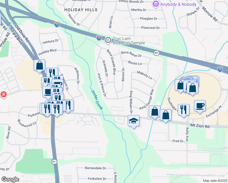 map of restaurants, bars, coffee shops, grocery stores, and more near 6540 Boca Grande Boulevard in Forest Park