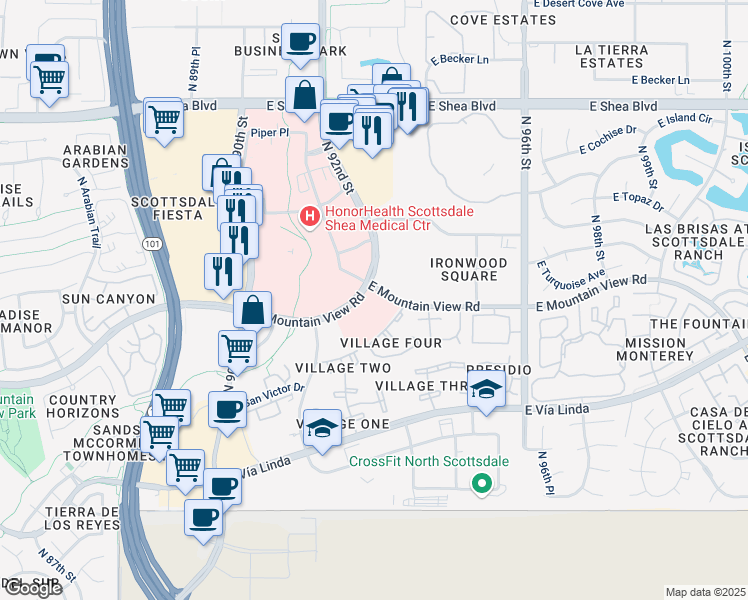 map of restaurants, bars, coffee shops, grocery stores, and more near 9201 East Mountain View Road in Scottsdale