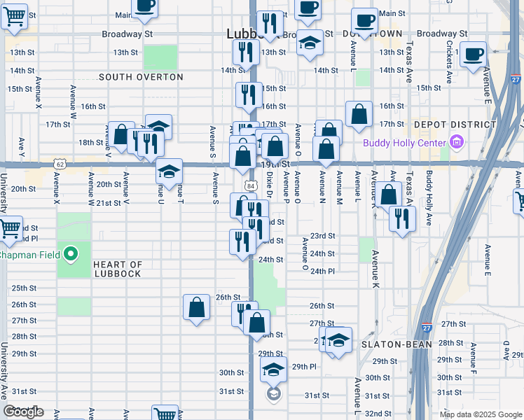map of restaurants, bars, coffee shops, grocery stores, and more near 2101 Avenue Q in Lubbock