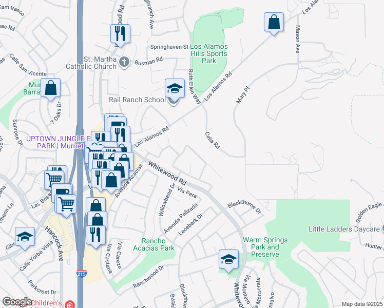 map of restaurants, bars, coffee shops, grocery stores, and more near 25187 Corte Sombrero in Murrieta