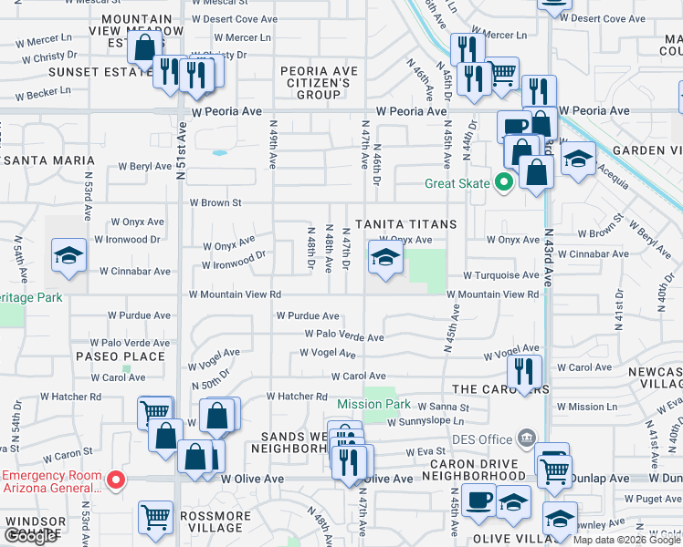 map of restaurants, bars, coffee shops, grocery stores, and more near 9833 North 47th Drive in Glendale
