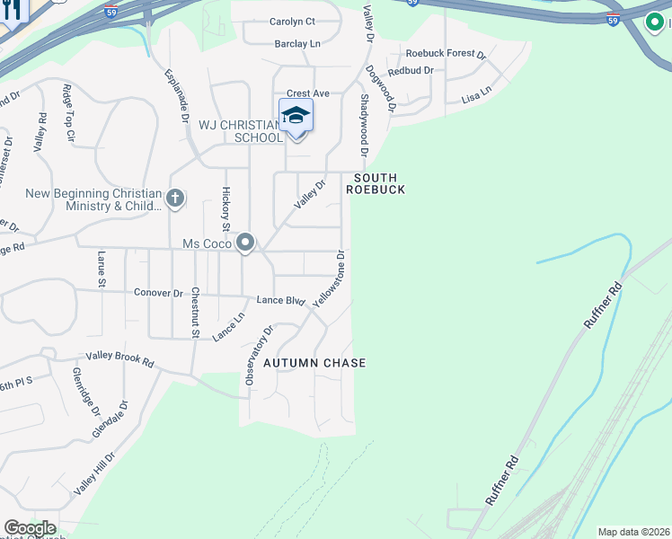 map of restaurants, bars, coffee shops, grocery stores, and more near 528 Yellowstone Drive in Birmingham