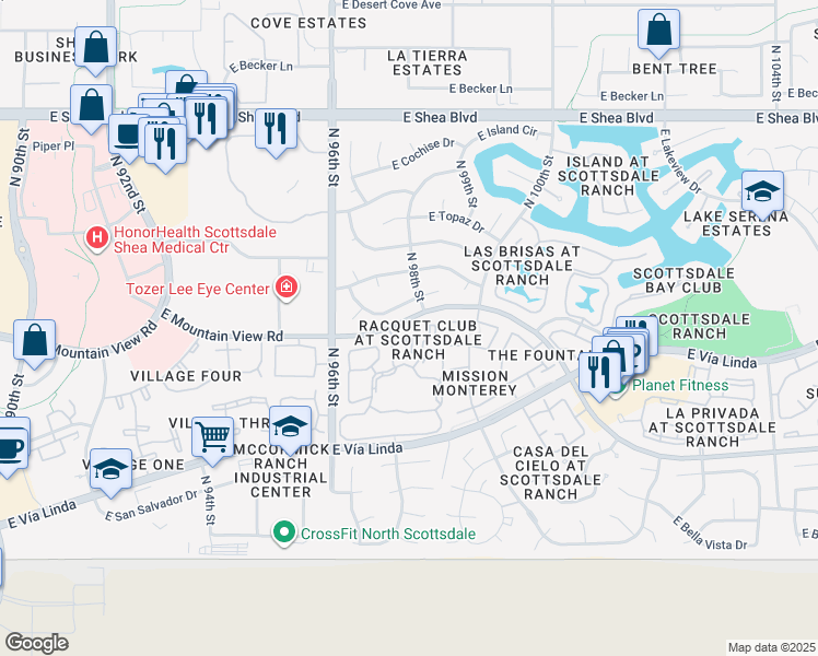 map of restaurants, bars, coffee shops, grocery stores, and more near 9755 East Turquoise Avenue in Scottsdale