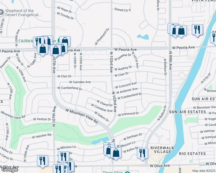 map of restaurants, bars, coffee shops, grocery stores, and more near 10023 North 103rd Drive in Sun City