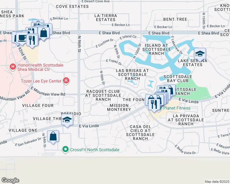 map of restaurants, bars, coffee shops, grocery stores, and more near 9998 East Purdue Avenue in Scottsdale