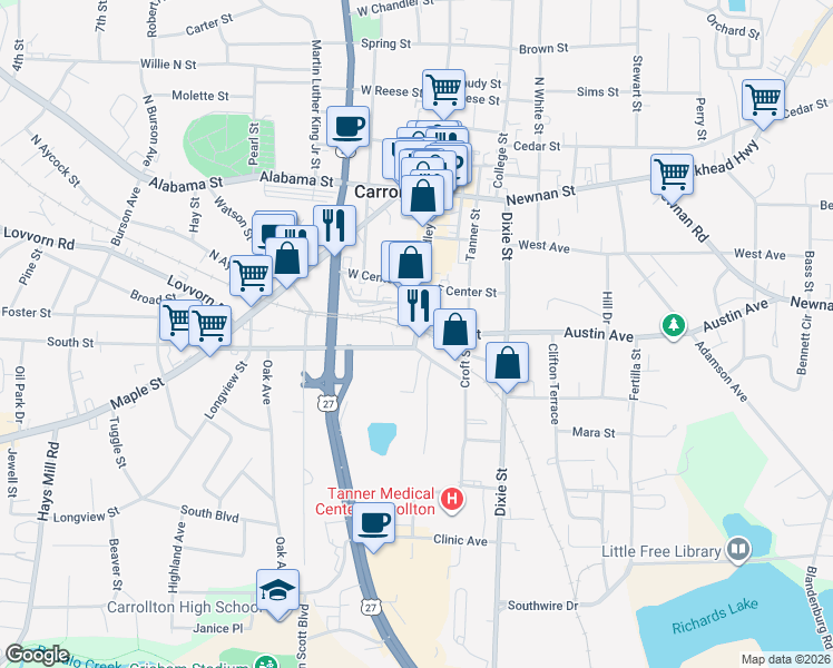 map of restaurants, bars, coffee shops, grocery stores, and more near 455 Bradley Street in Carrollton