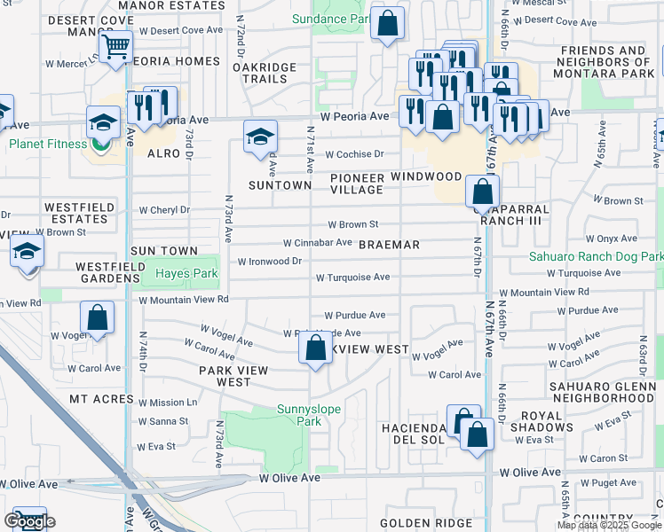 map of restaurants, bars, coffee shops, grocery stores, and more near 7037 West Ironwood Drive in Peoria