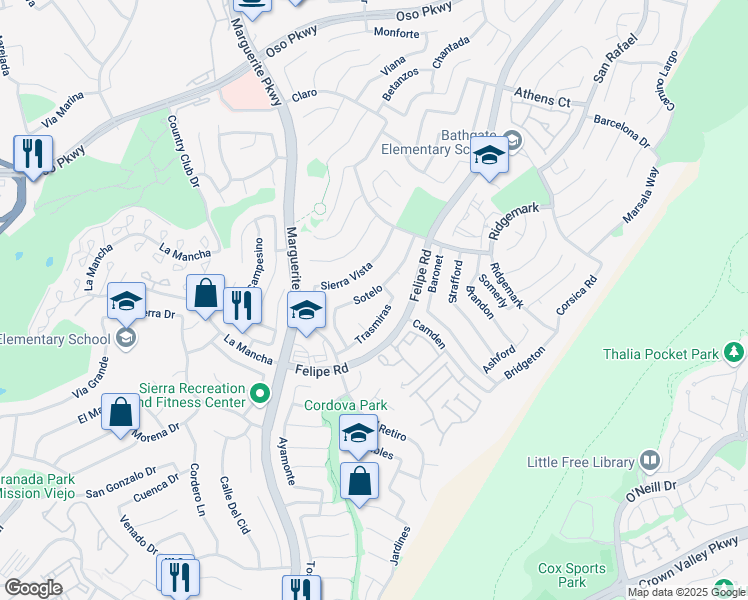 map of restaurants, bars, coffee shops, grocery stores, and more near 26641 Sotelo in Mission Viejo