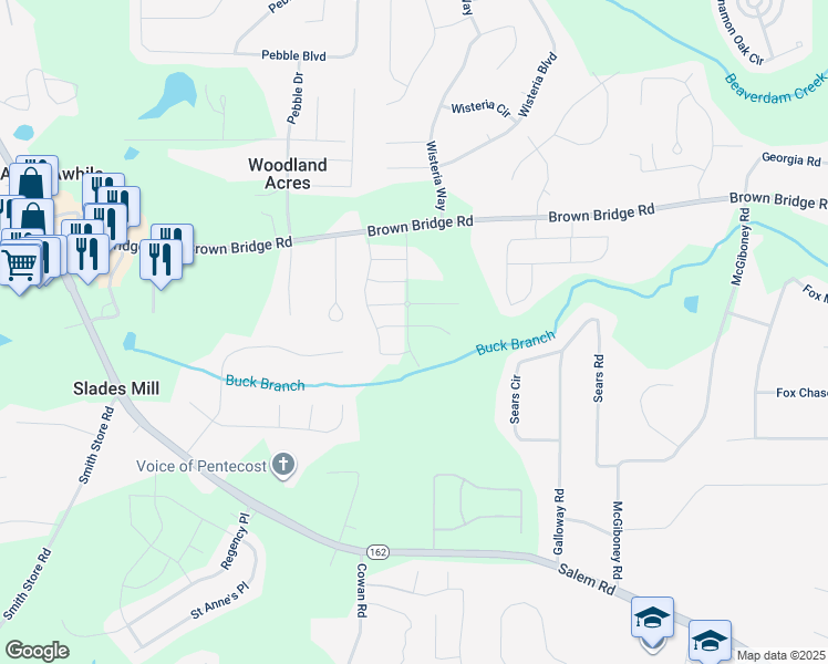 map of restaurants, bars, coffee shops, grocery stores, and more near 175 Amberjack Trail in Covington