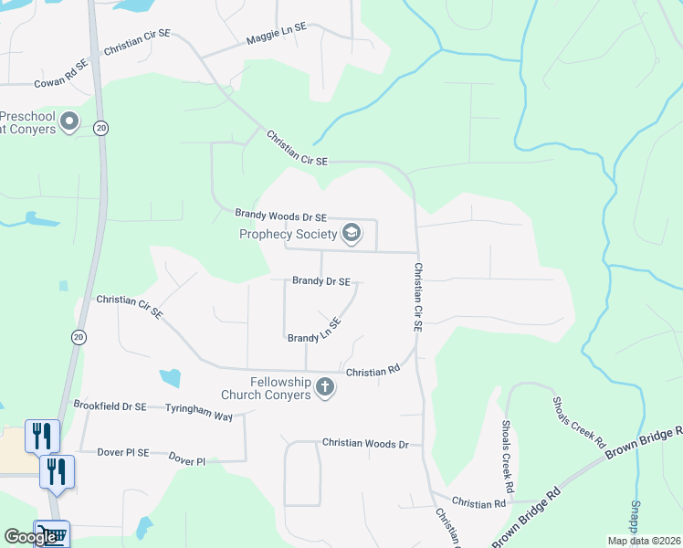 map of restaurants, bars, coffee shops, grocery stores, and more near 1799 Brandy Woods Trail Southeast in Conyers