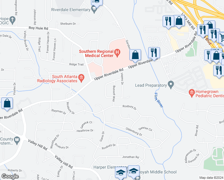 map of restaurants, bars, coffee shops, grocery stores, and more near 6551 Bussell Way in Riverdale