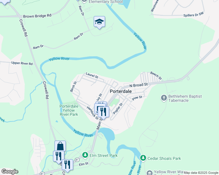 map of restaurants, bars, coffee shops, grocery stores, and more near 43 Hazel Street in Porterdale