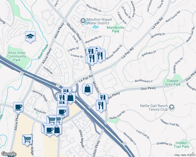 map of restaurants, bars, coffee shops, grocery stores, and more near 24572 Wembley Circle in Laguna Hills