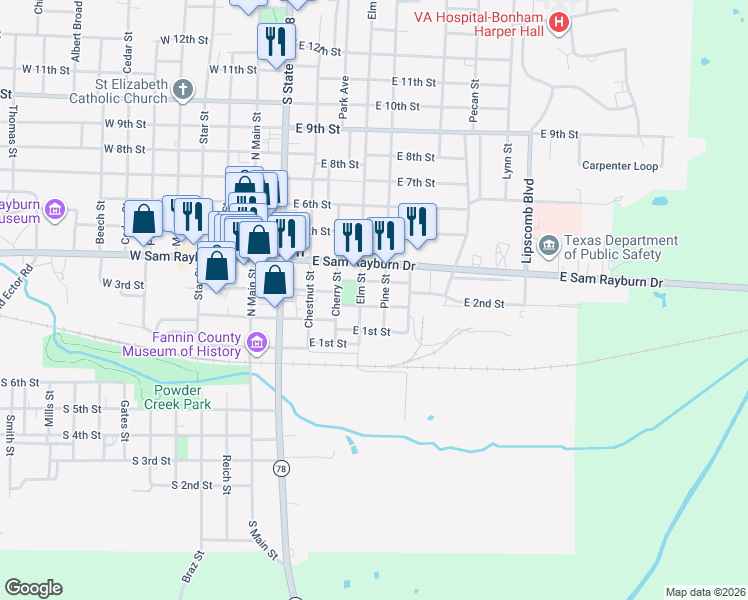 map of restaurants, bars, coffee shops, grocery stores, and more near 513 East 2nd Street in Bonham