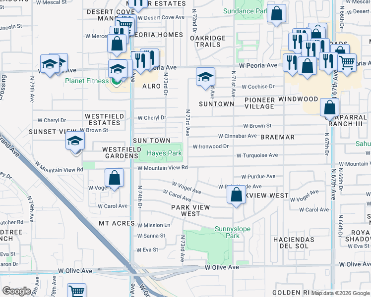 map of restaurants, bars, coffee shops, grocery stores, and more near 7244 West Ironwood Drive in Peoria